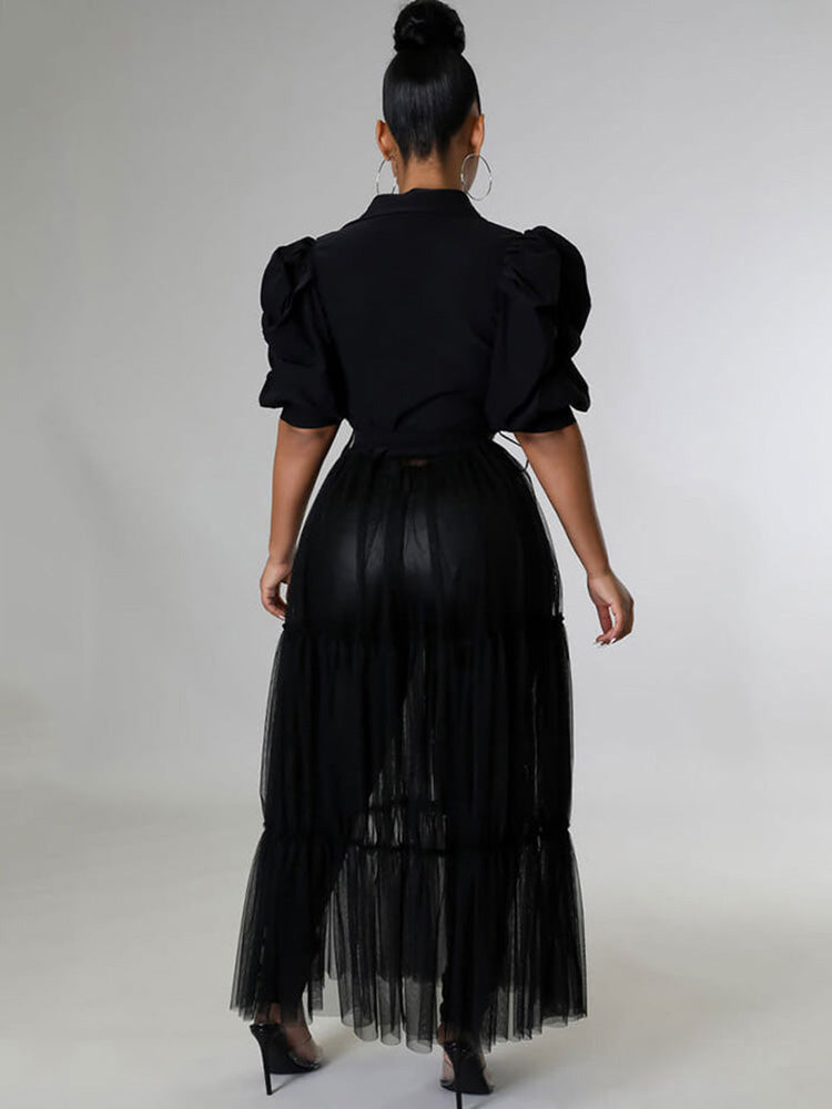 Puff Sleeve Belted Tulle Top