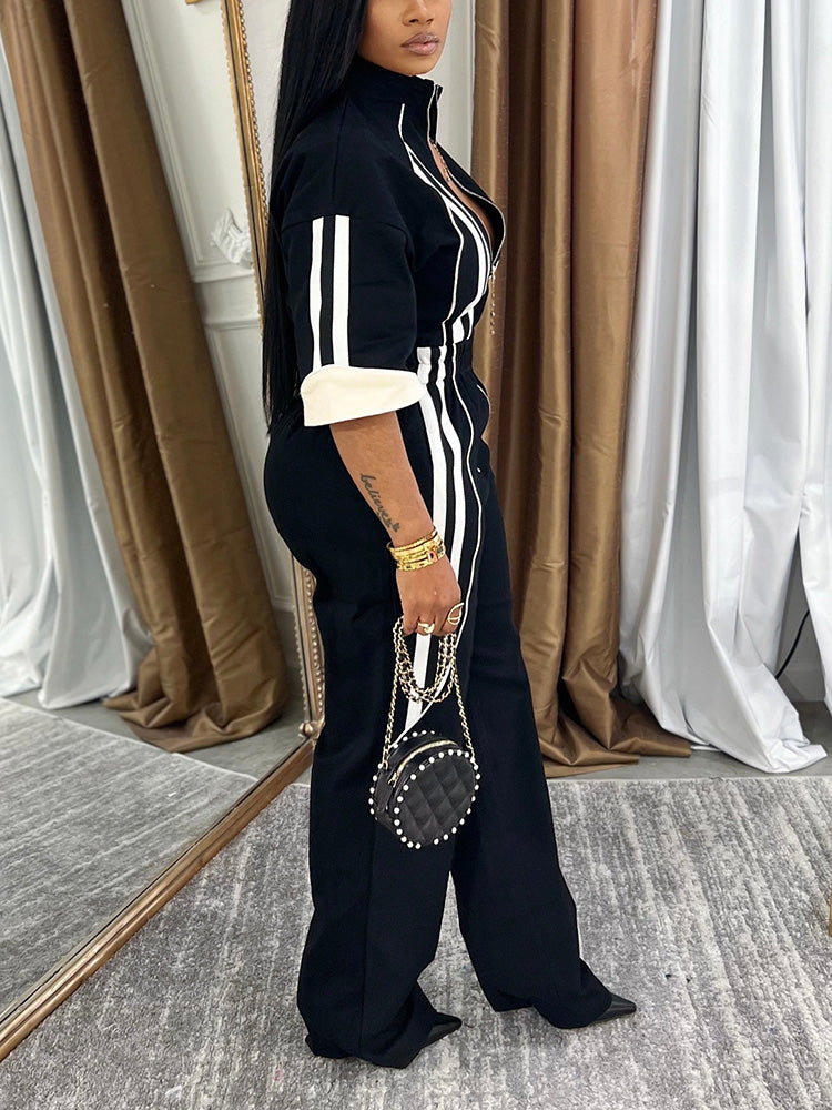 3/4 Sleeves Zip-Up Striped Jumpsuit