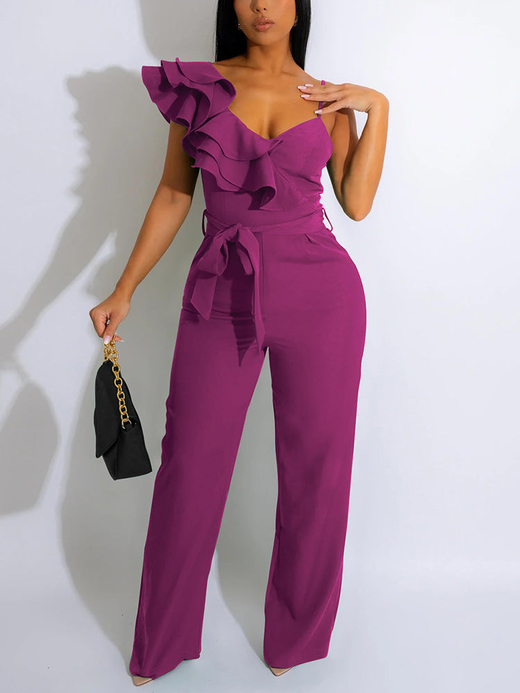 Ruffle Belted Wide Leg Jumpsuit