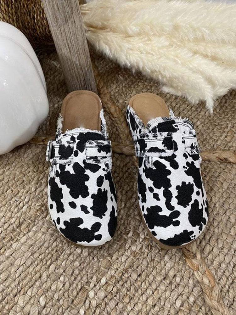 Cow Buckle Round Toe Slippers