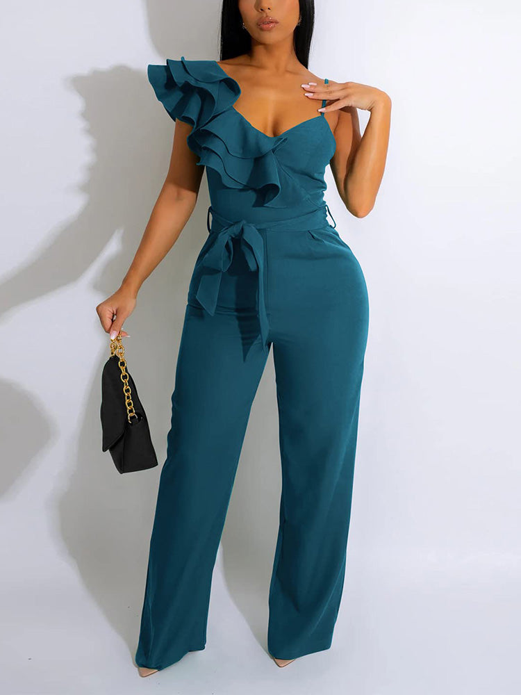 Ruffle Belted Wide Leg Jumpsuit