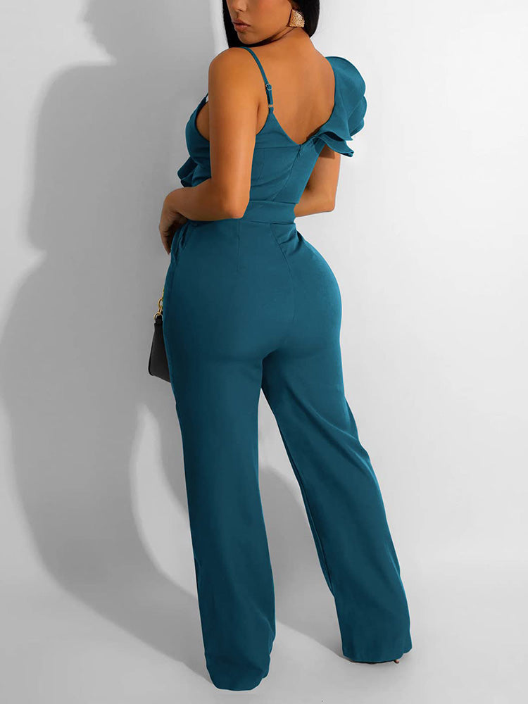 Ruffle Belted Wide Leg Jumpsuit