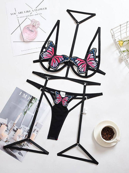 Butterfly Applique Underwire Harness Lingerie Set