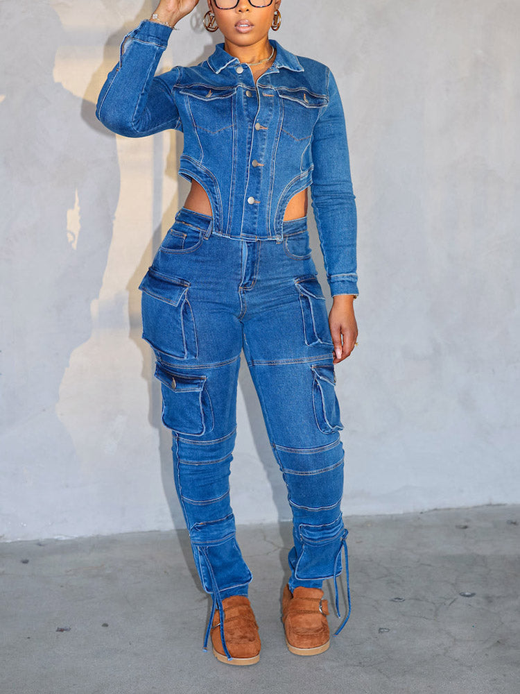 Denim Asymmetrical Jacket & Cargo Jeans Set