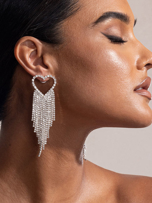 Rhinestone Heart Tassel Drop Earrings