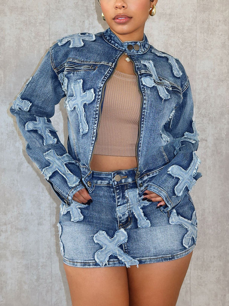 Cross Denim Jacket Skirt Set