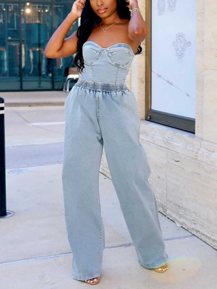 Denim Tube Top Wide Leg Pants Set