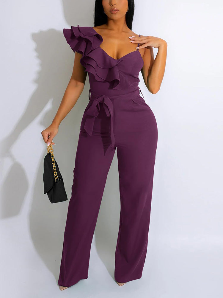 Ruffle Belted Wide Leg Jumpsuit