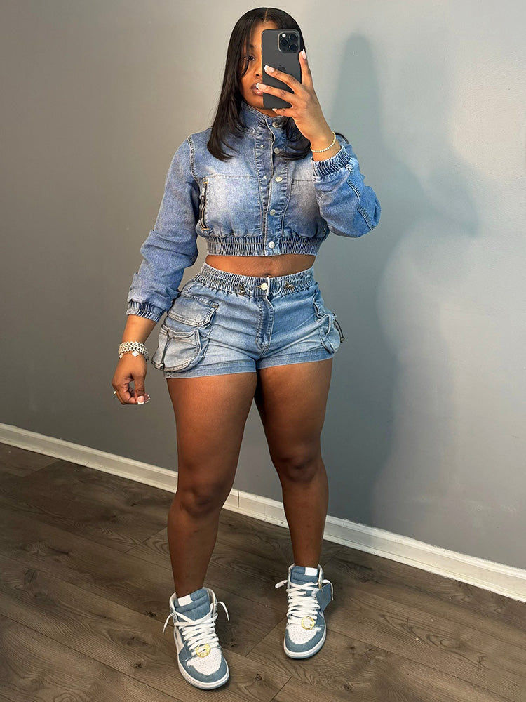 Denim Crop Jacket & Cargo Shorts Set