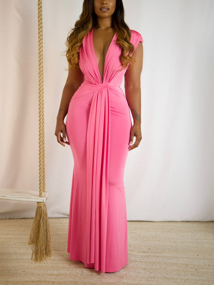 Elegant Plunge Draped Maxi Dress