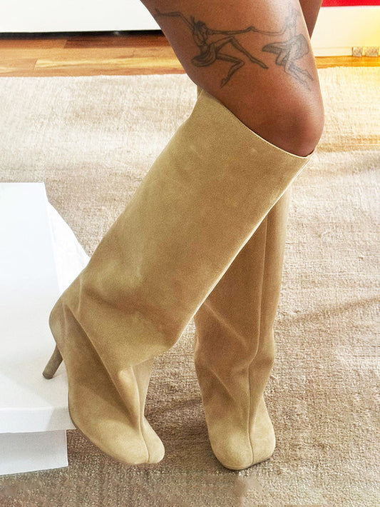 Suede Wide Calf Square Toe Boots