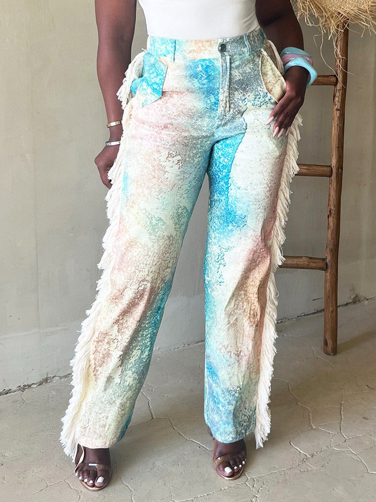 Watercolor Palette Fringe Pants