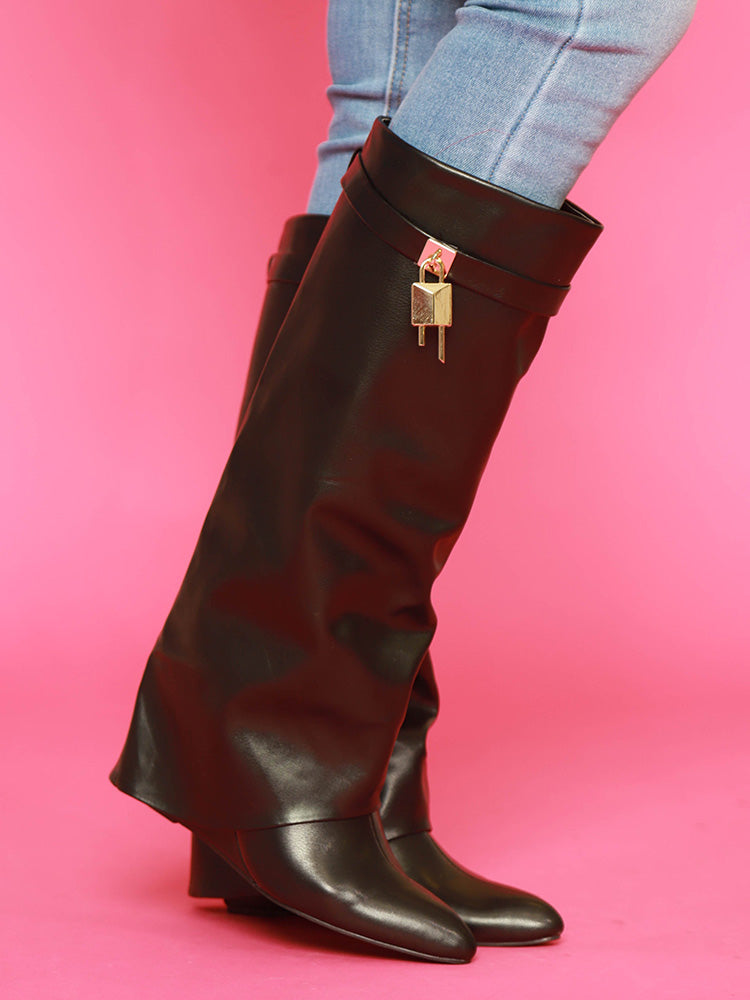 Lock & Key Leather Wedge Heel Boots