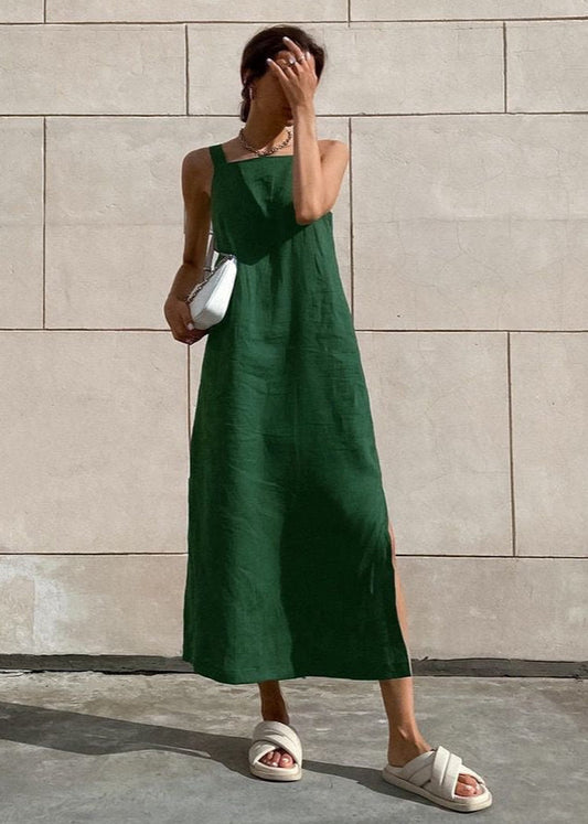 Isla Linen Midi Dress – Relaxed Fit with Side Slits