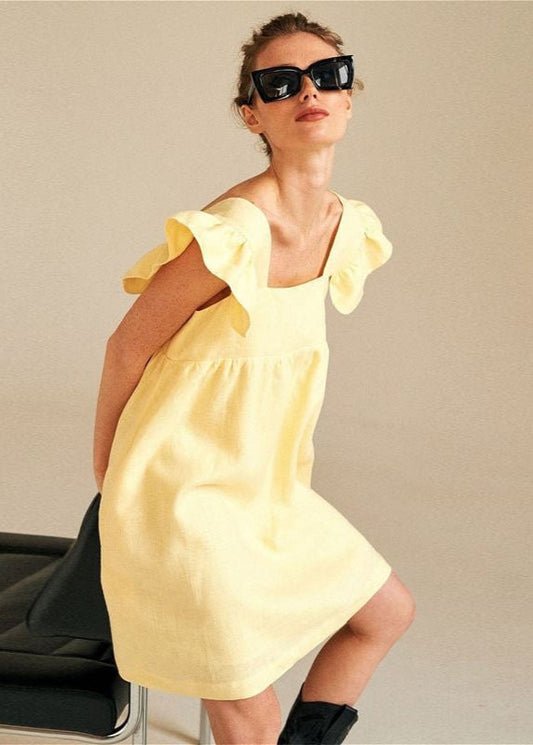 Soleil Linen Flutter-Sleeve Mini Dress