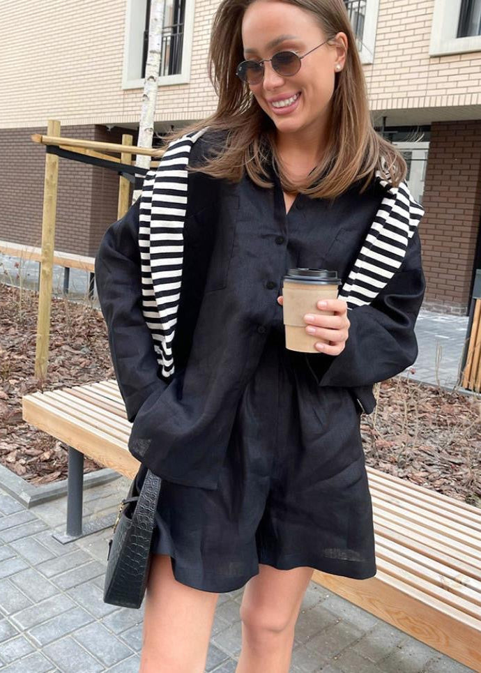 Solea Linen Set - Button-Down Shirt & High-Waist Shorts