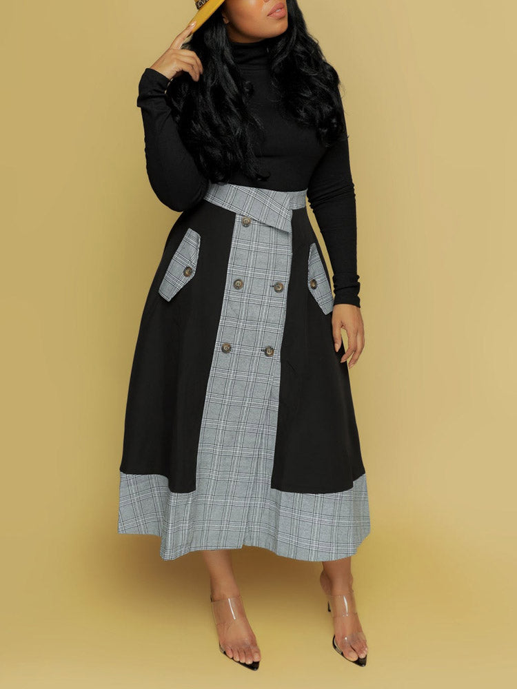 High Neck Top and Plaid Skirt Set