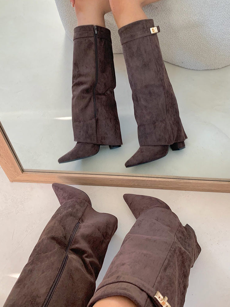 Fold Chunky Heel Knee High Boots