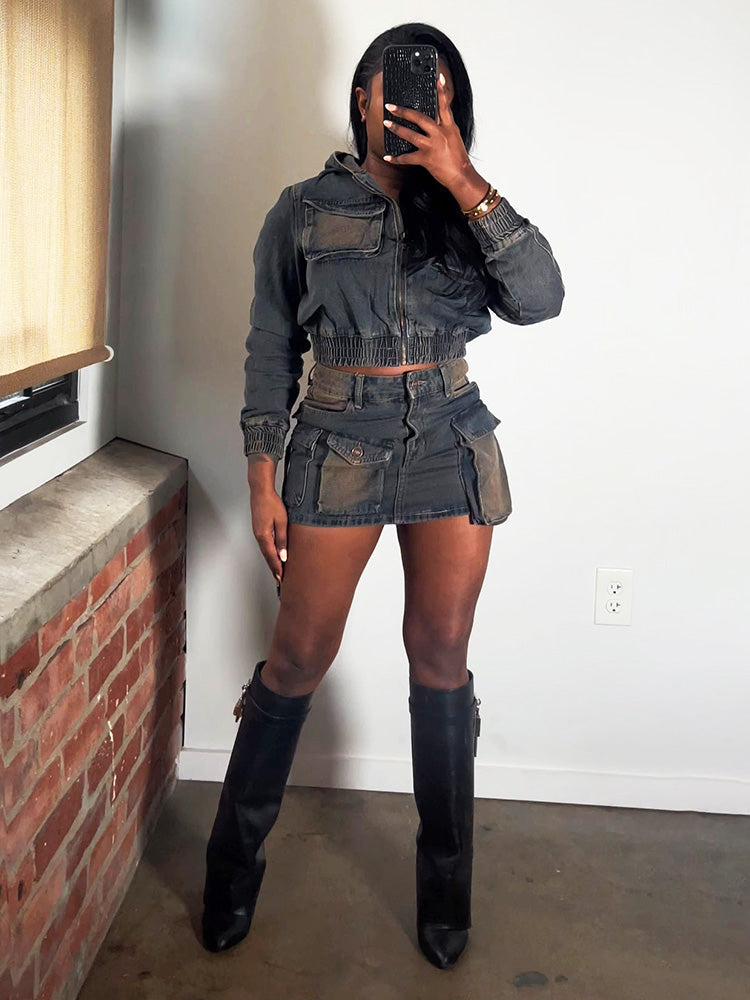 Denim Hoodie Jacket & Cargo Skirt Set