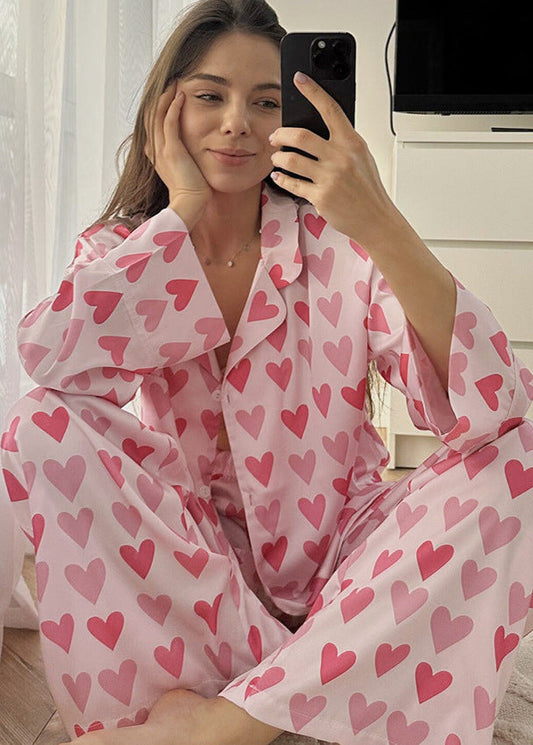 Heart Print Satin Pajama Set
