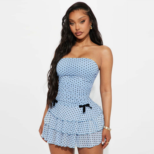 European and American style temperament skirt, fashionable sexy bandeau waist, slimming spotted mesh bow decoration hip-hugging dress