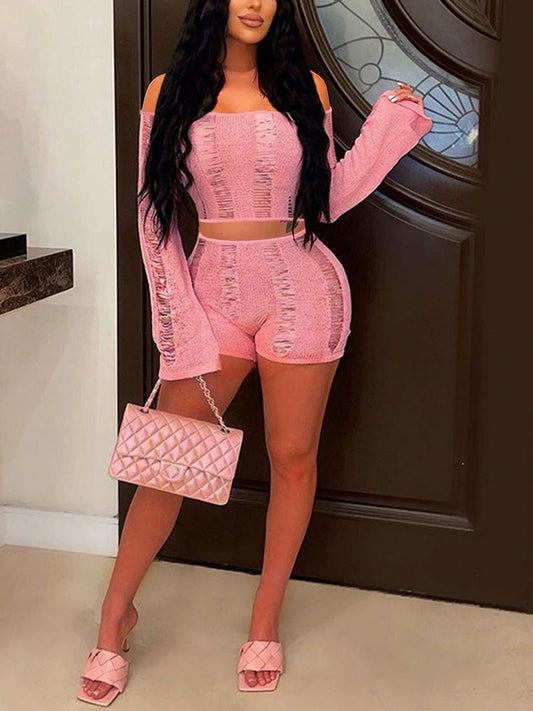 Off Shoulder Backless Shorts Set