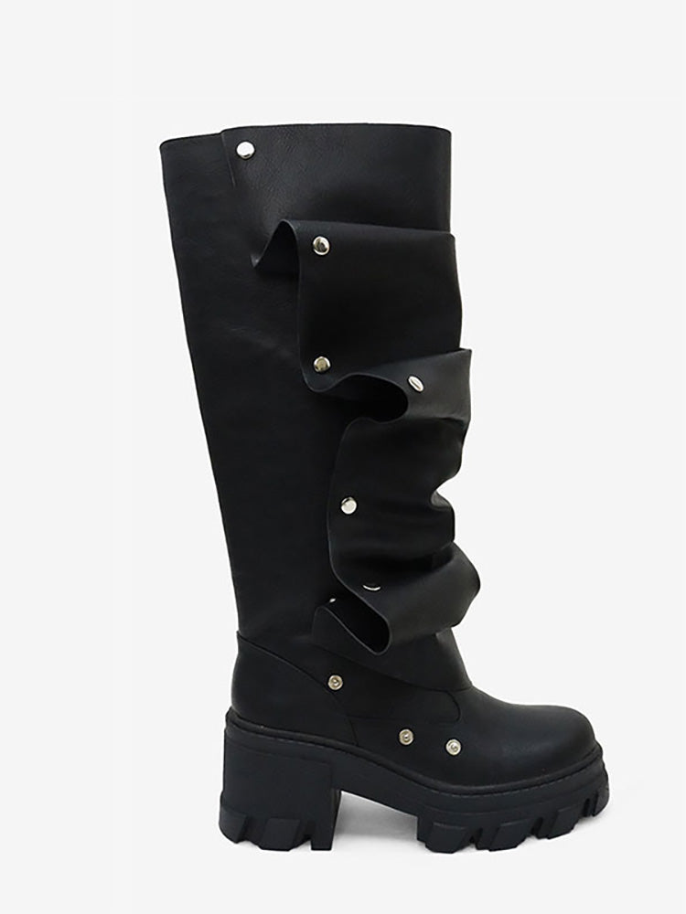 Leather Press Stud Round Toe Boots