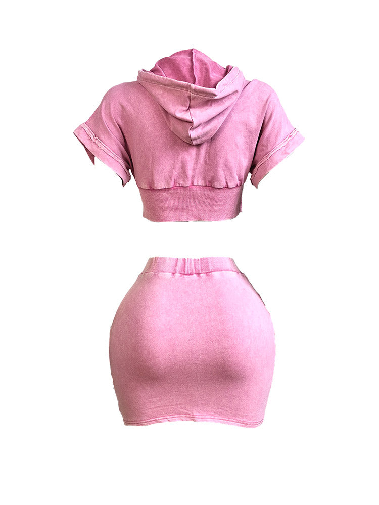 Washed Hoodie Top & Mini Skirt Set