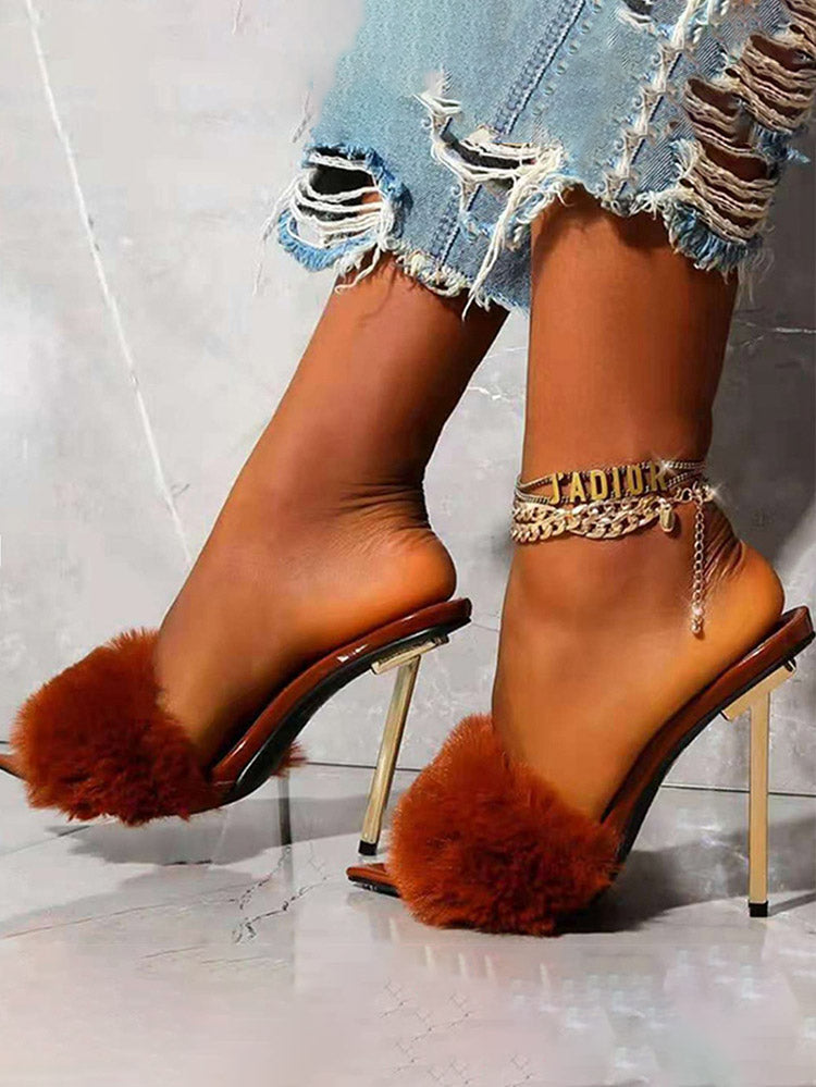 Furry Stiletto Heel Mules