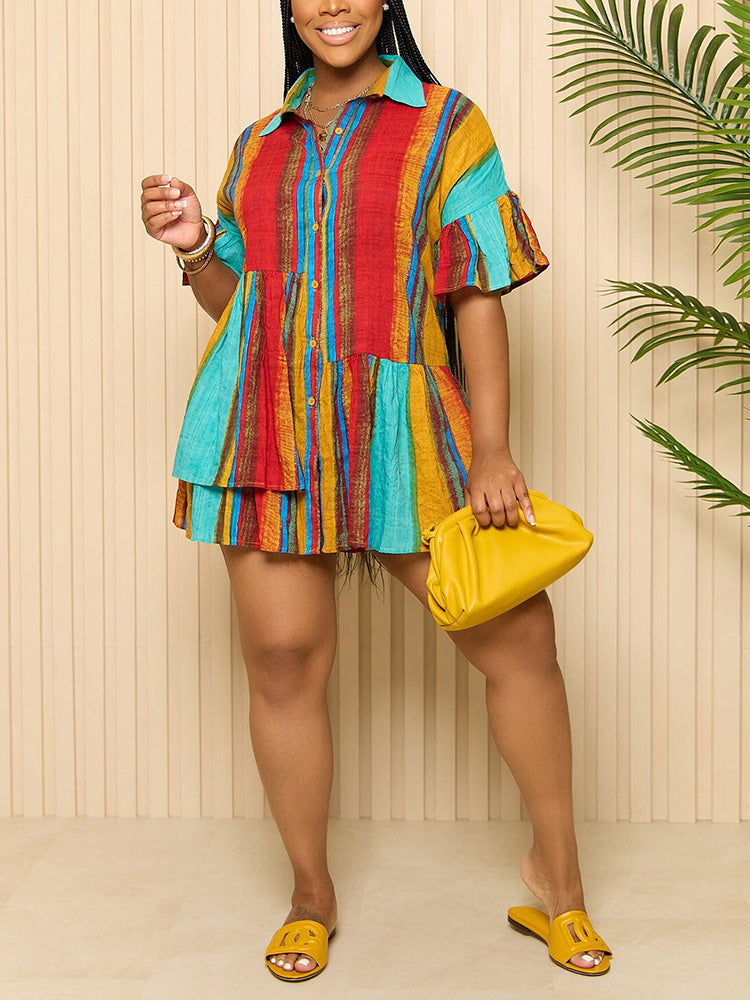 Color Block Ruffle Shirt Dress