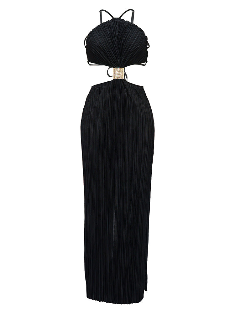 Halter Cutout Pleated Dress