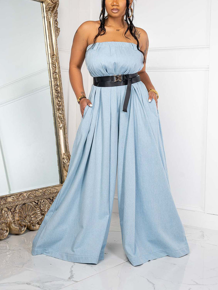 Strapless Loose Jumpsuit With Belt