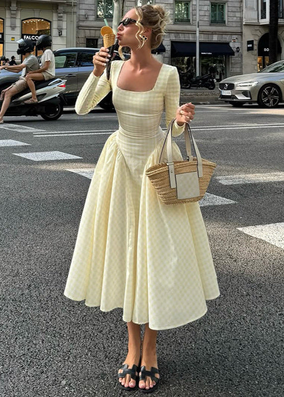 Pink Gingham Long Sleeve Midi Dress – Vintage Square Neck Fit and Flare