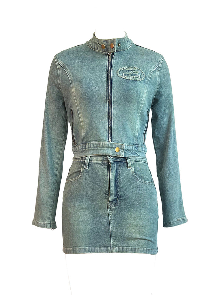 Vintage Patched Denim Jacket & Skirt Set