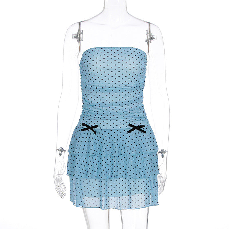European and American style temperament skirt, fashionable sexy bandeau waist, slimming spotted mesh bow decoration hip-hugging dress