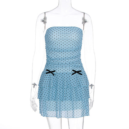 European and American style temperament skirt, fashionable sexy bandeau waist, slimming spotted mesh bow decoration hip-hugging dress