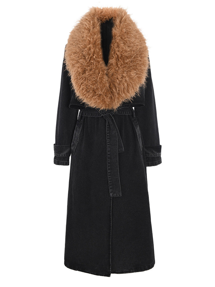 Fur Collar Denim Trench Coat