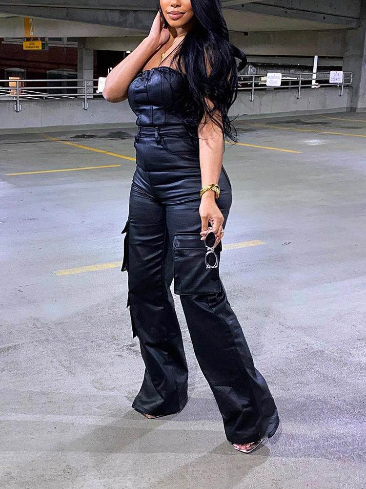 Leather Tube Cargo Jumpsuit