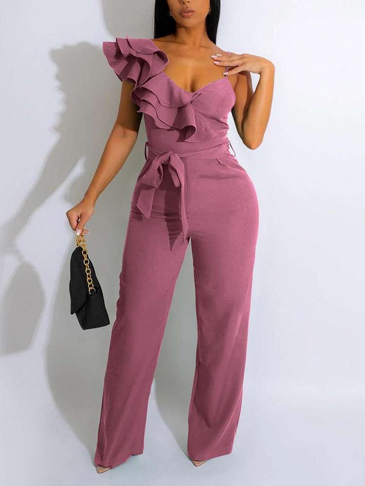 Ruffle Belted Wide Leg Jumpsuit