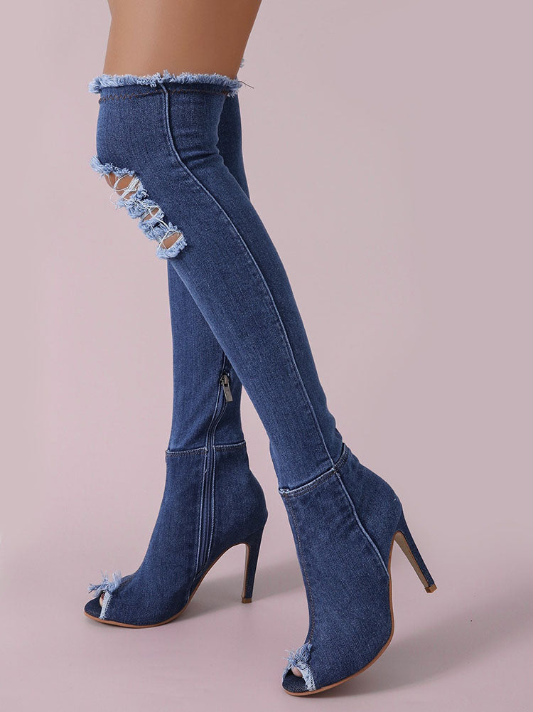 Peep Toe Over The Knee Denim Boots