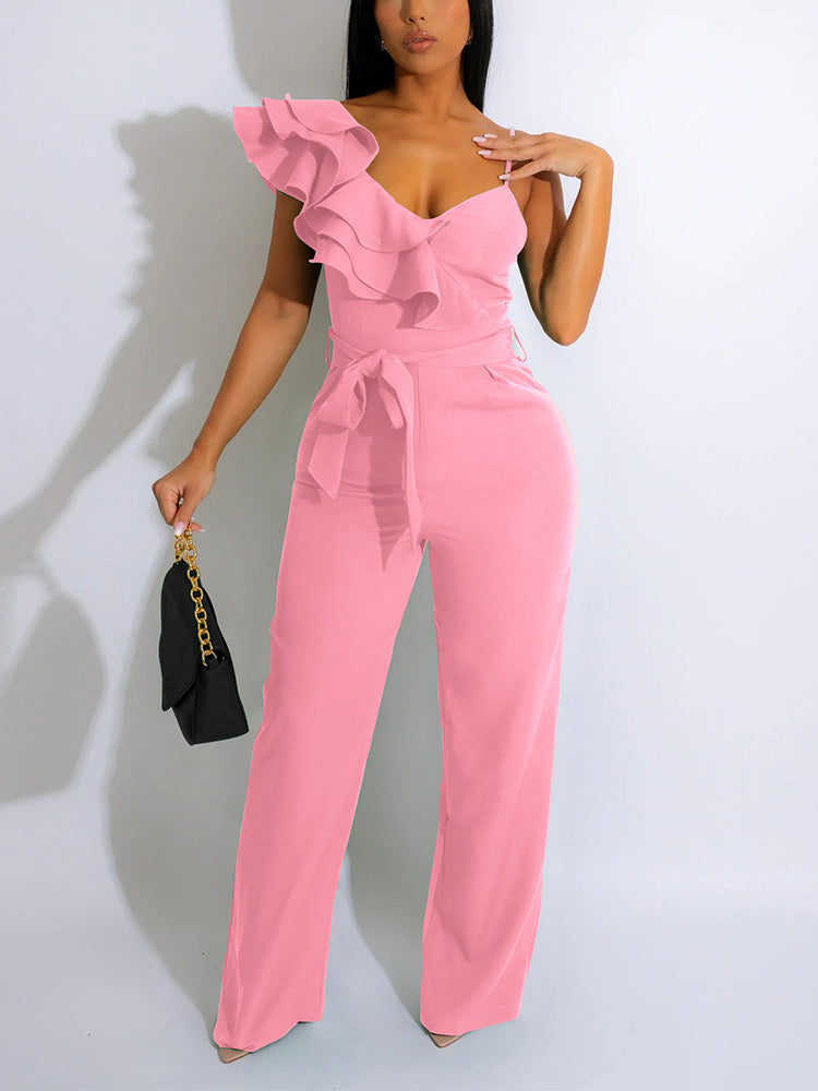 Ruffle Belted Wide Jumpsuit