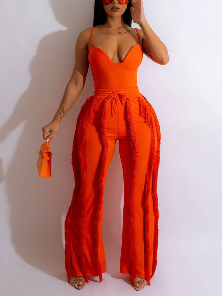 Spaghetti Strap Top Fringe Pants Set