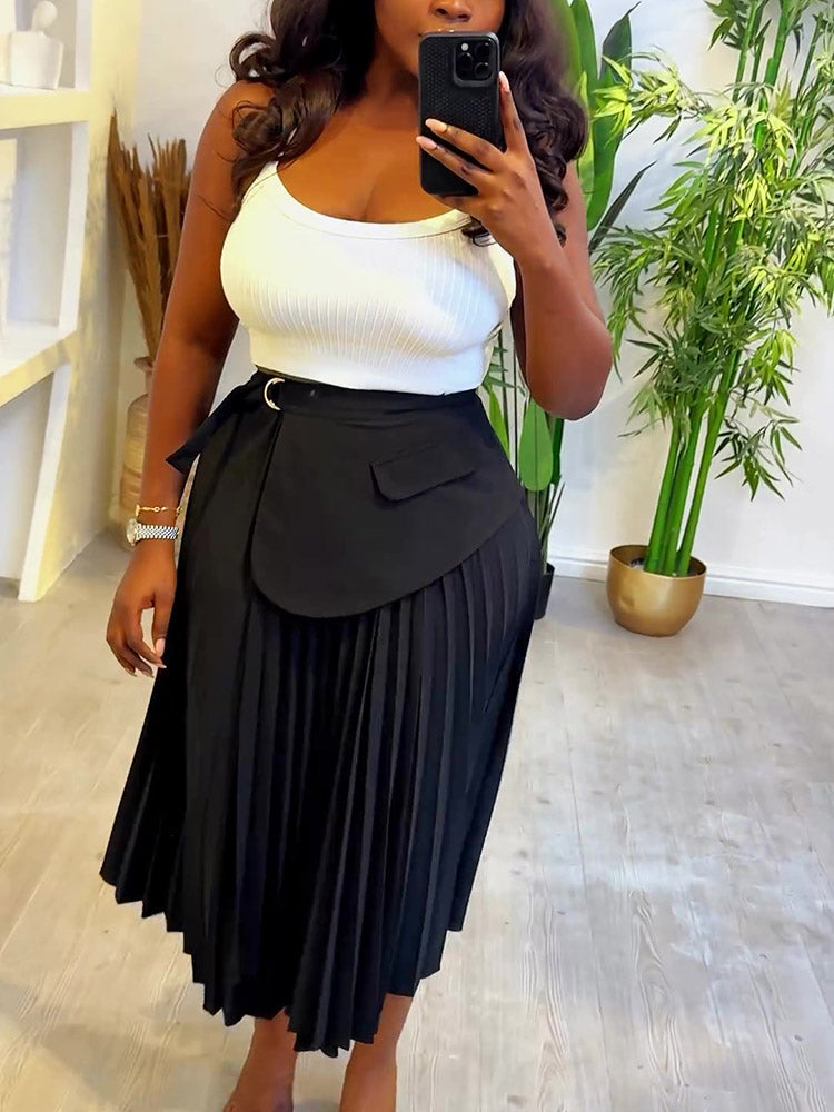 Pleated Belt Midi Skirt