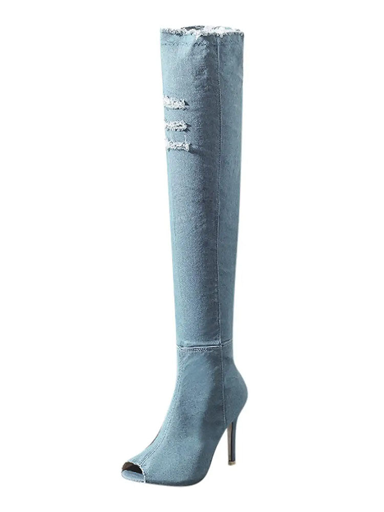 Peep Toe Over The Knee Denim Boots