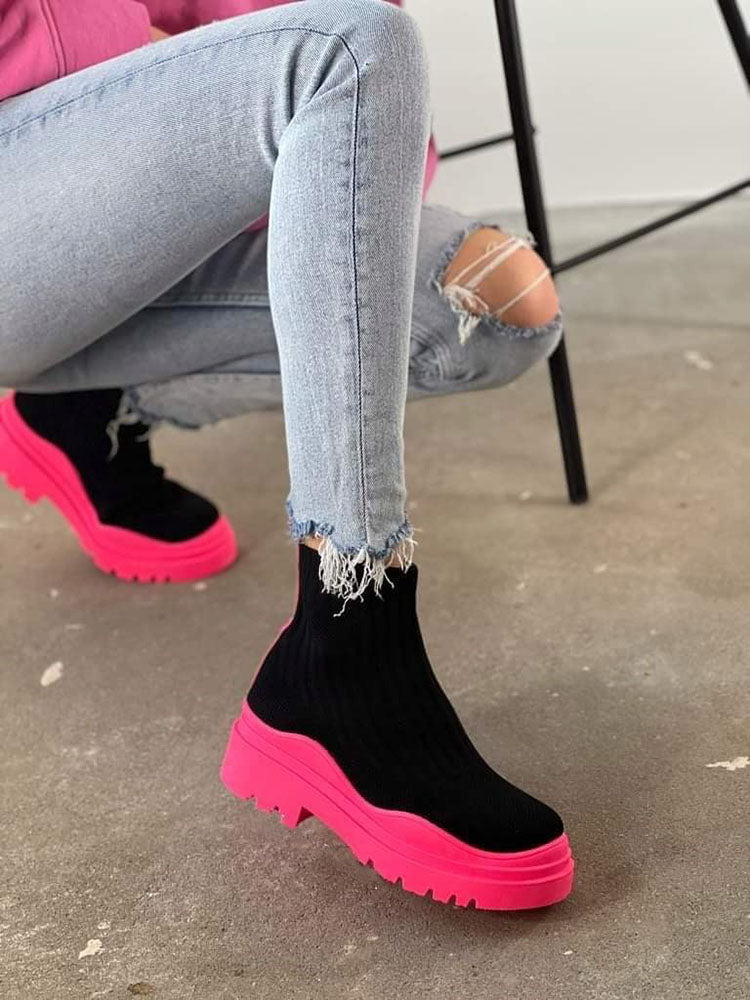 Platform Round Toe Knit Boots