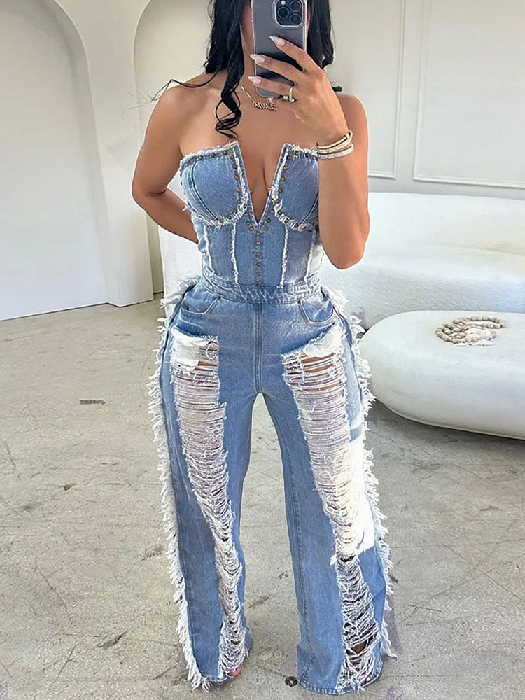 Ripped Strapless Denim Jumpsuit