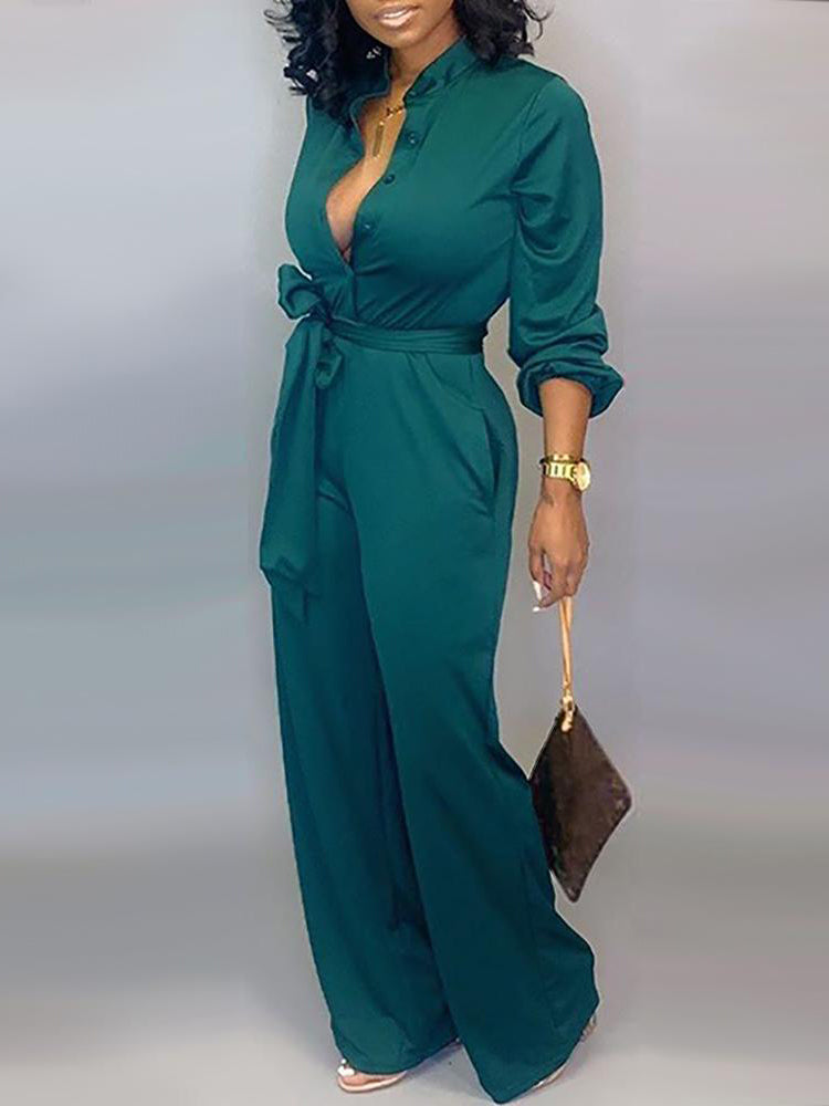 Button Belted Wide Leg Jumpsuit