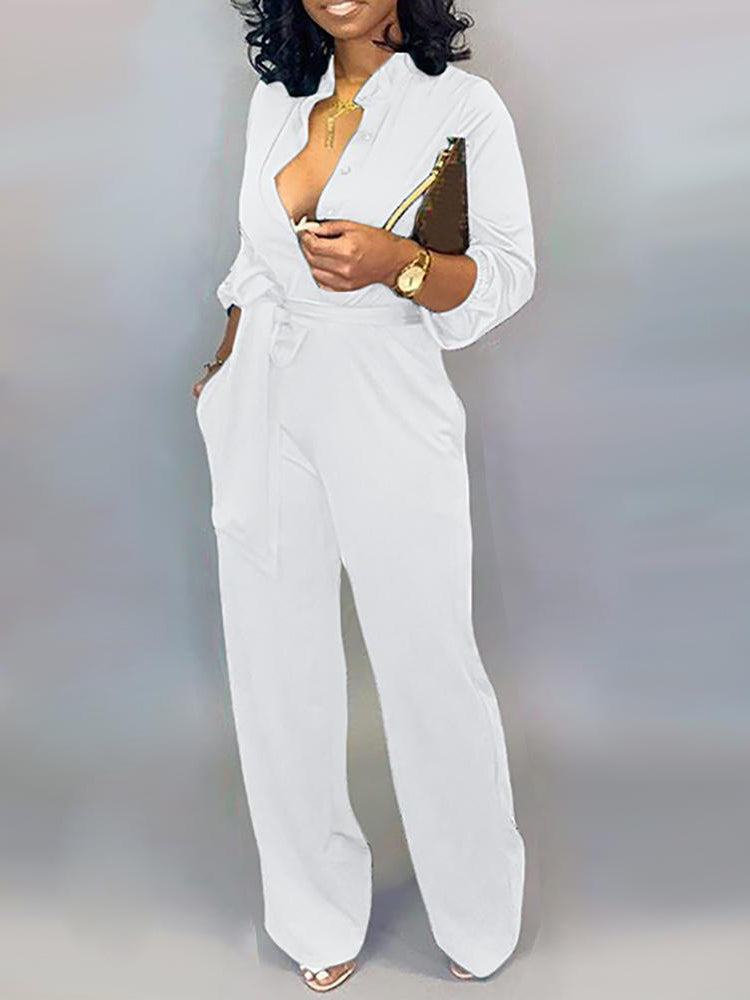 Button Belted Wide Leg Jumpsuit