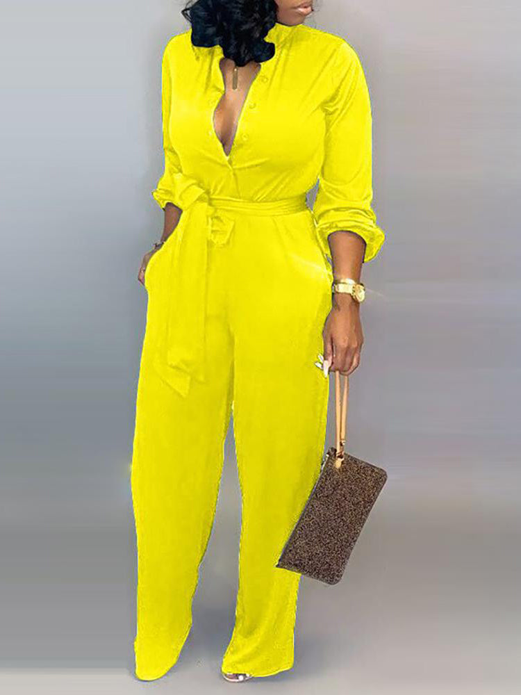 Button Belted Wide Leg Jumpsuit