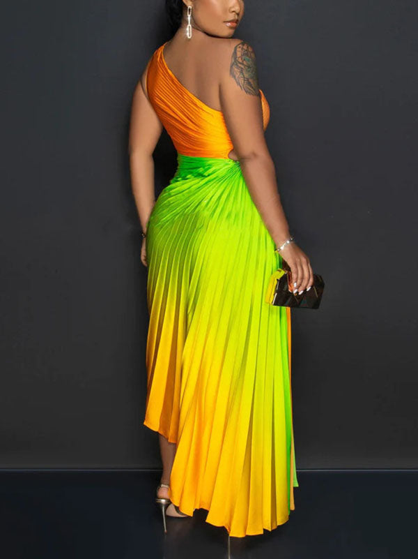 Ombre One Shoulder Pleated Dress